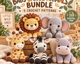 May include: A digital PDF crochet pattern bundle titled Baby Safari Animals Bundle featuring five amigurumi toys: a yellow lion with a brown mane, a gray elephant, a yellow giraffe with brown spots, a black and white zebra, and a purple hippo.