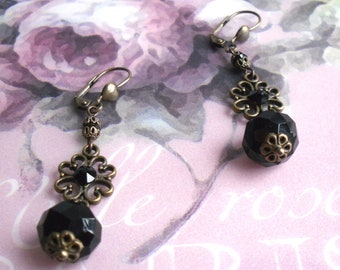 Retro / vintage, Brass lever-back earrings, black Bohemian glass / glass cameo, Long Liz