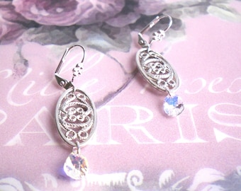 Victorian / vintage style, chandeliers / leverback earrings, aurora borealis / silver,  Swarovski crystal / sterling silver, Hannah