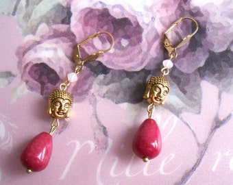 Boucles d'oreilles / dormeuse, style vintage / ethnique chic, laiton doré / jade, doré / rouge, Miss Yumiko Red