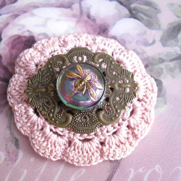 Broche vintage , style rétro / victorien, Verre Tchèque / laiton, libellules, Variations autour de la demoiselle 1