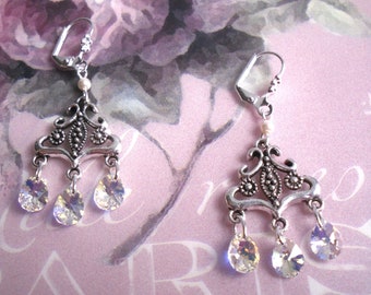 Victorian / vintage style, chandeliers / leverback earrings, aurora borealis / silver,  Swarovski crystal / sterling silver, Hannah