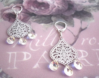 Boucles d'oreilles / dormeuses, style oriental / cristal, perles nacrées / argent 925, argent / aurore boréale, Madinina Silver