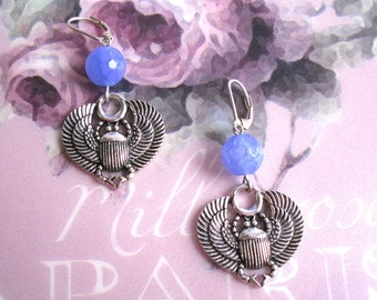 Boucles d'oreilles, Dormeuses / pendants, argent 925 / Agate naturelle, bleu / style égyptien, Khépri