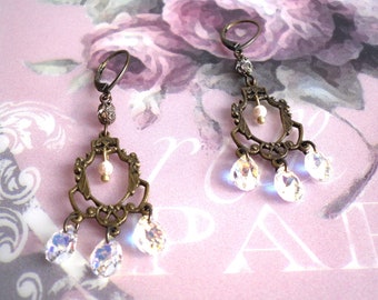 Brass chandelier earrings lever back hooks pink gold bronze Mary Ann