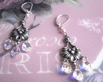 Victorian / vintage style, chandeliers / leverback earrings, aurora borealis / silver,  Swarovski crystal / sterling silver, Hannah