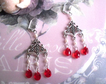 Boucles d'oreilles / Chandeliers, Dormeuses, argent 925 / cristal Purecrystal, rouge / perle, Lady Oscar