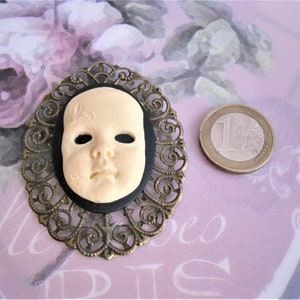 Brooch, retro /vintage style, cameo, resin / brass, white / purple, young romantic lady image 5