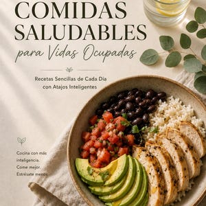 May include: A digital download flyer titled COMIDAS SALUDABLES para Vidas Ocupadas, featuring a bowl of sliced chicken, avocado, black beans, and rice. The text includes Recetas Sencillas de Cada Día con Atajos Inteligentes and Cocina con más inteligencia. Come mejor. Estrésate menos.