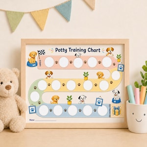 May include: A framed Potty Training Chart featuring a winding path with blank circles for tracking progress. The design includes illustrations of various puppies, potted plants, paw prints, and a gift box. The text reads Potty Training Chart.