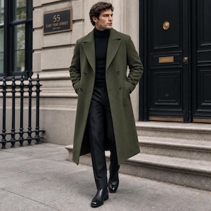 Men's Olive Green Wool Double-Breasted Overcoat, Wide Lapel Tailored Topcoat (Made to Order)