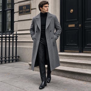 Men's Grey Wool Double-Breasted Overcoat, Wide Lapel Tailored Topcoat (Made to Order)