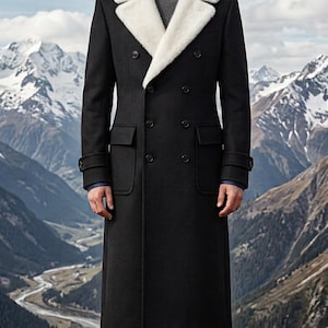 Schwarzer Herren-Wollmantel mit Lammfellkragen, zweireihiger langer Wintermantel, luxuriöser, formeller Cabanmantel, klassische Winterjacke