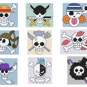 May include: A collection of nine cross-stitch patterns featuring stylized skull and crossbones designs. Each square displays a unique character-themed emblem with distinct accessories like hats, swords, hair, and tools in various colors.