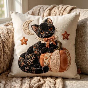 Op de afbeelding: Een vierkant gebroken wit sierkussen met een applicatie van een zwarte kat met oranje ogen, een kanten kraag en een geruite strik. De kat zit naast een pompoen gemaakt van oranje gestreepte en bloemrijke stof met kanten afwerking. Een maansikkel en twee sterren omringen het geheel.