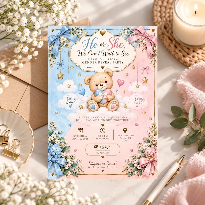 Gender Reveal Invitation | He or She Teddy Bear Editable Invite ...