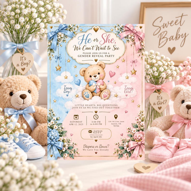 Gender Reveal Invitation | He or She Teddy Bear Editable Invite ...