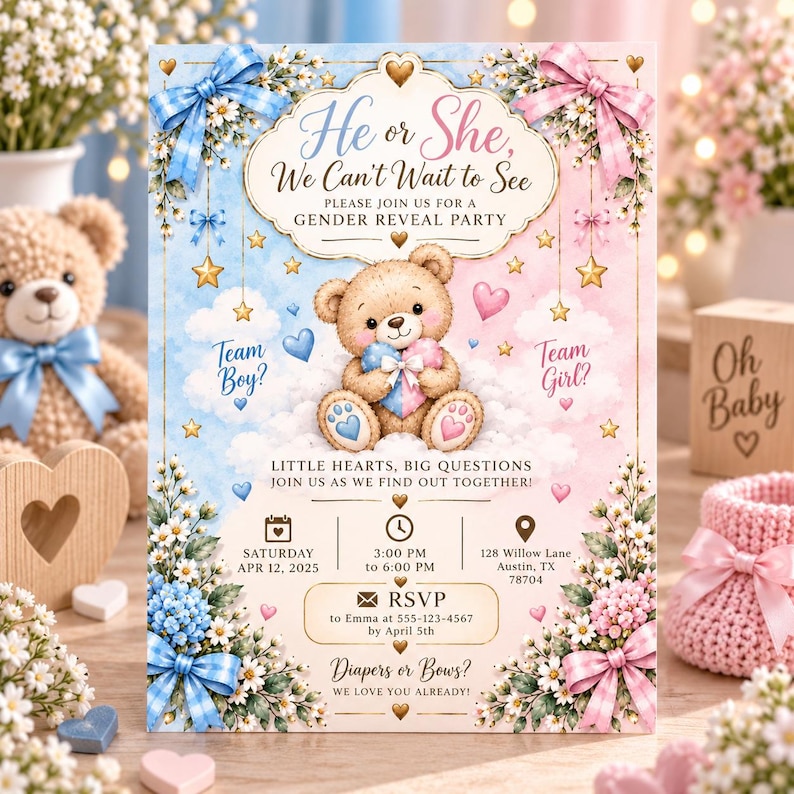 Gender Reveal Invitation | He or She Teddy Bear Editable Invite ...