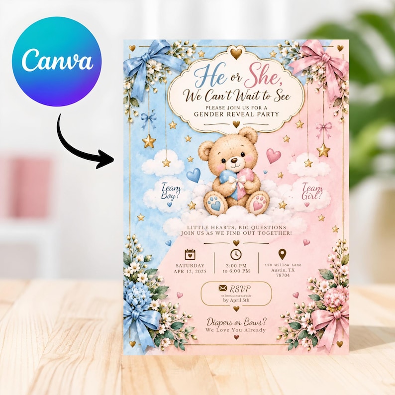 Gender Reveal Invitation | He or She Teddy Bear Editable Invite ...