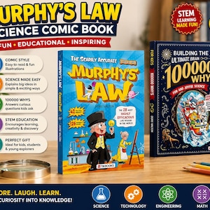May include: Two science comic books titled Murphy's Law and Building the Ultimate Brain 100000 Whys. The Murphy's Law cover features a man in a top hat holding a lightbulb in a laboratory. The dark blue book cover displays a roller coaster illustration.