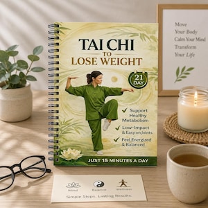 May include: A spiral-bound book titled Tai Chi to Lose Weight featuring a person in a green outfit performing a pose. The cover includes text about a 21-day program, metabolism, and joint health, with a lotus flower and bamboo leaf graphics.