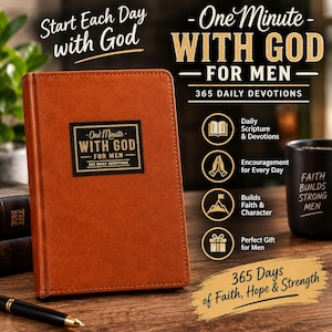 May include: A brown leather-textured devotional book titled One Minute With God For Men 365 Daily Devotions. The cover features a black rectangular label with gold text. The book is displayed alongside a black mug with white text and a black pen.