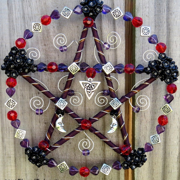 Celtic Knot Moon Pentacle Mixed Media Sculpture Silver, Red, Purple, Black OOAK