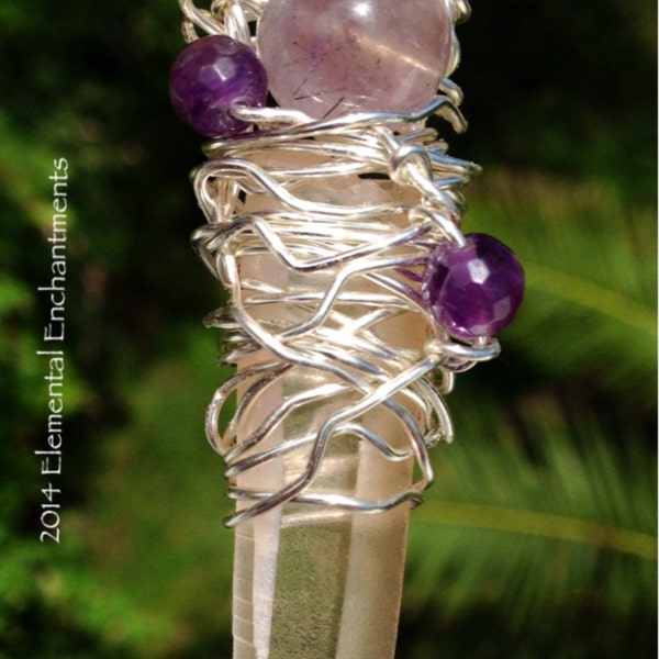 Pink Lemurian Crystal Amulet with Auralite 23, Amethyst, And Himalayan Quartz Beads On Silver Wire OOAK