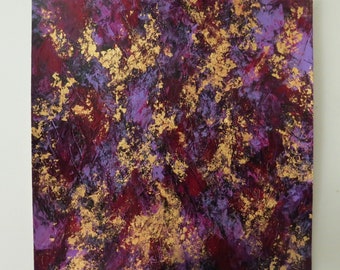 Abstract Painting With Gold Leaf, Acrylic On Paper, Purple Red Metallic Gold, Unframed Original, OOAK Elemental Enchantments