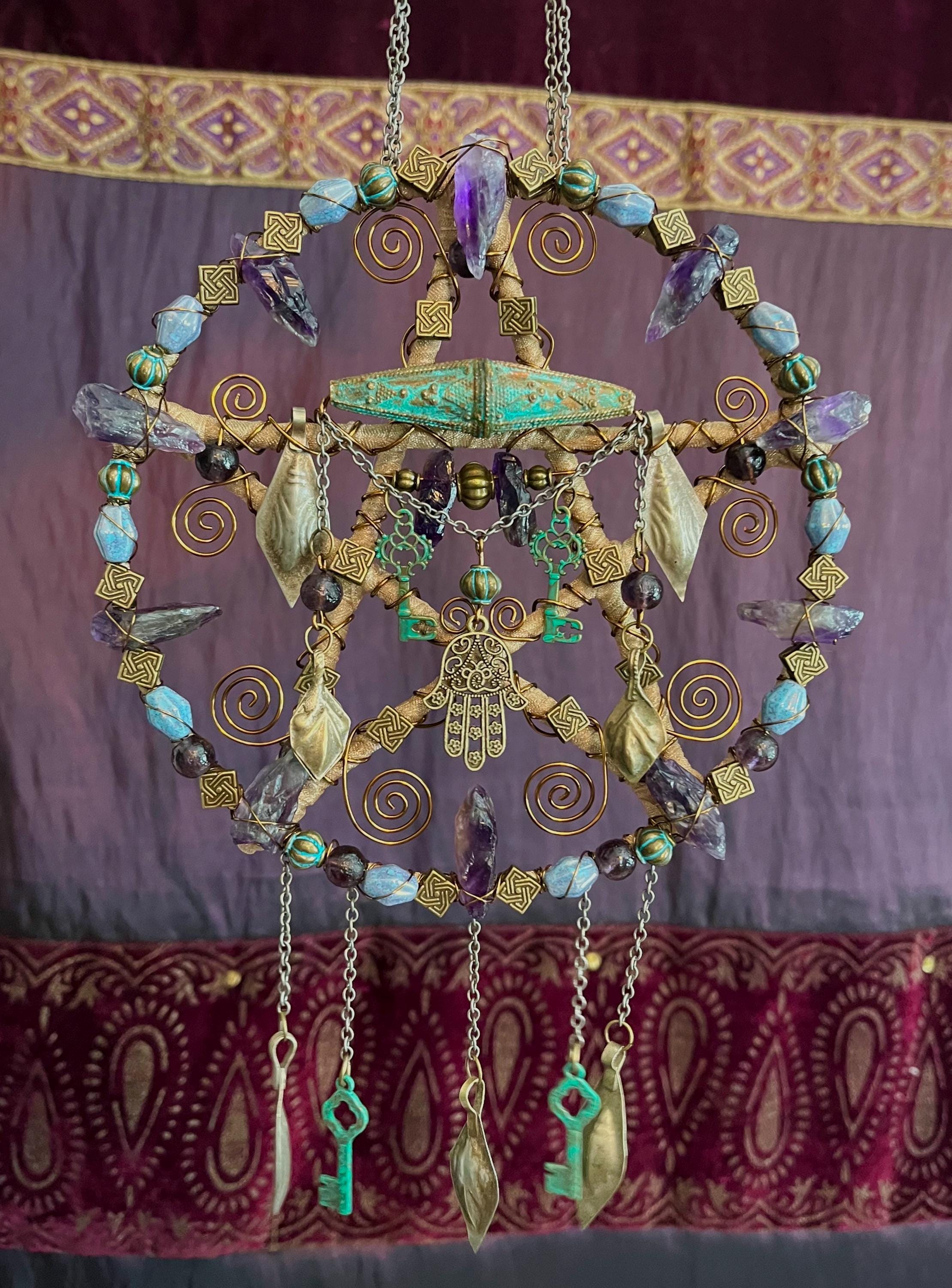 Hamsa Pentacle Sculpture With Amethyst Crystals, Czech Glass And Metal Beads, Key Charms And Vintage Charms, OOAK Elemental Enchantments