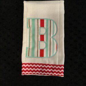 INITIAL BURP CLOTH/burp cloth/initial/baby burp cloth/baby shower gift/gender neutral baby gift/Red and Aqua Striped Initial Burp Cloth