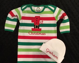 Striped 1st Christmas Gown/boys christmas pj's/newborn christmas pjs/newborn Christmas pajamas/coming home gown/newborn gowns/Christmas Gown