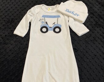 Golf Cart Baby Gown and Matching Hat/going home set/coming home outfit/golf/golf baby clothes/take home outfit/sleep sack/boys golf outfit