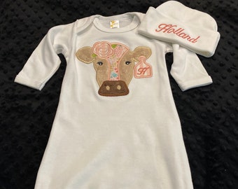 BABY GOWN/Cow Baby Gown and Matching Hat/going home set/coming home outfit/cow/farm baby clothes/take home outfit/sleep sack/cow outfit/