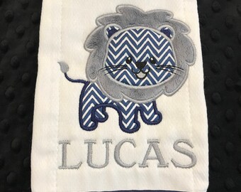 Grey and navy chevron Lion Burp Cloth/lion/lion burp cloth/navy lion/navy chevron/zoo burp cloth/zoo animal/jungle burp cloth/jungle theme
