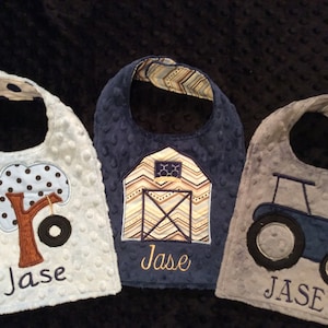 TRACTOR BIB/tractor/farm tractor/barn/tractor bib/farmer/boys bib/navy bib/navy tractor/birthday bib/boys birthday bib/baby shower