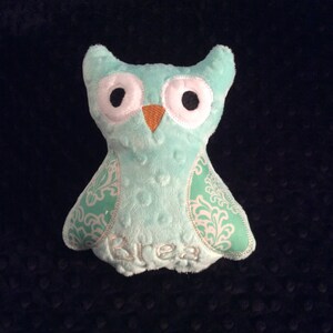 May include: A light blue plush owl with white eyes and an orange beak. The owl has a white and green patterned design on its wings and the name "Airea" embroidered on its chest.
