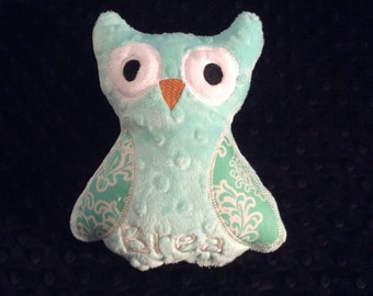 OWL/Opal Green and cream owl/owl/stuffed owl/stuffed toy/personalized toy/personalized owl toy/personalized baby toy/baby toy/newborn toy