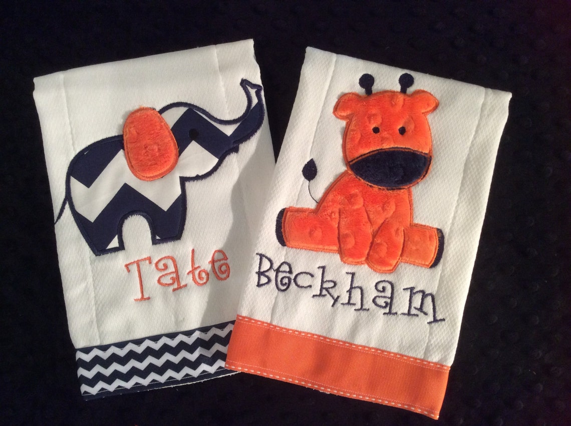 ELEPHANT BURP CLOTH/Orange and Navy Burp Set Elephant burp Etsy