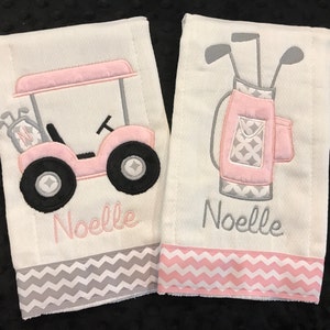 GOLF BURP/GIRLS burp/Pink and Gray Golf Cart and Golf Bag Burp Set/girls golf set/girls golf burps/girly burp cloth set/newborn golf set