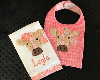 Cow Bib and Burp Set/cow bib/cow burp/girls cow bib/farm bib/farm cow/farm birthday/girls baby bib/farm nursery/farm/girls farm bib