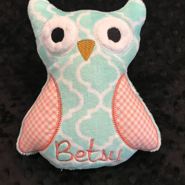 OWL/OWL TOY/Aqua and Coral Owl Toy/owl/owl toy/owl stuffed toy/stuffed toy/stuffed lovey/lovie/owl lovey/personalized owl toy