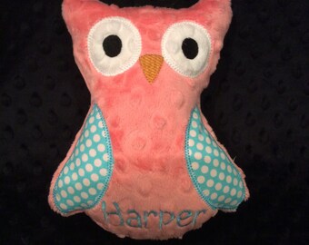 OWL/Coral and Aqua Polkadot Owl/owl/stuffed owl/stuffed toy/personalized toy/personalized owl toy/personalized baby toy/baby toy/newborn toy