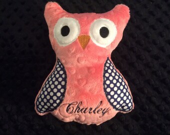 OWL/Owl toy, coral and navy owl/owl/stuffed owl/stuffed toy/personalized toy/personalized owl toy/personalized baby toy/baby toy/newborn toy