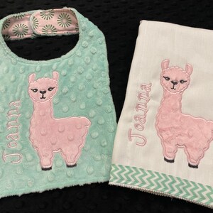 LLAMA BIB SET/llama burp and bib set/llama bib/llama burp/girls burp/llama bib/birthday bib/llama nursery/baby shower gift/girly bib/