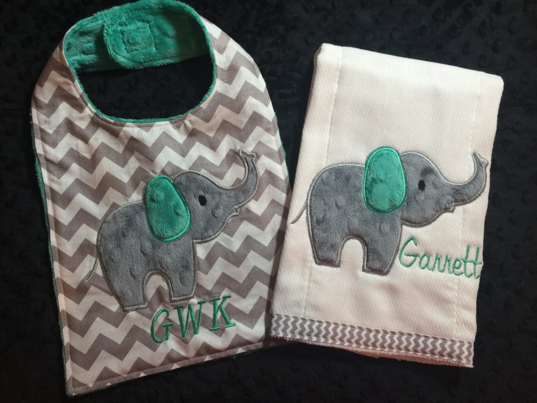 ELEPHANT BIB/Grey and Seafoam Elephant Burp and Bib Set/elephant bib