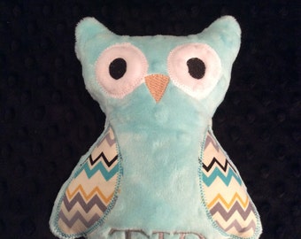 OWL/OWL TOY/Aqua Chevron Owl//minky owl/minky toy/stuffed toy/stuffed minky toy/monogrammed toy/personalized owl toy/personalized toy