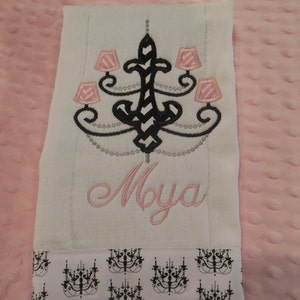 GIRLS BURP/Chandelier Burp Cloth/chandelier/pink and black nursery/pink nursery/girly burp cloth/baby shower/girls monogrammed burp