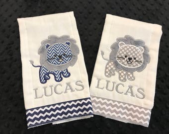 LION BURP CLOTH/Grey and Navy Lion Burp Set/burp cloth set/lion burp cloth/navy and grey lion/zoo/zoo animal burp/safari/safari baby lions