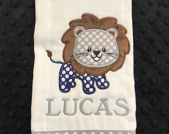 Grey and Navy Dotted Jungle Lion Burp Cloth/jungle lion/lion/lion burp cloth/navy lion/zoo burp cloth/zoo/zoo animal/safari/safari burp